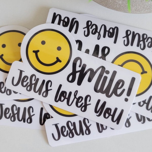 Smile! Jesus Loves You Die-Cut Vinyl Sticker, Jesus Loves Everyone Christian Gift Sticker, Waterproof Water Bottle Sticker, Smiley! Face