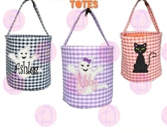 Halloween Basket|Halloween Personalized Basket|Gingham Halloween Bucket|Gingham Halloween Tote|Trick Or Treat Bag|Personalized Halloween Bag