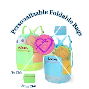 May include: Two personalized foldable drawstring bags with mesh panels, one green and one blue, each with a small zippered pocket. The bags are filled with basketballs and are labeled "Alaina" and "Nicole". A smaller green zippered bag is shown below the green bag.