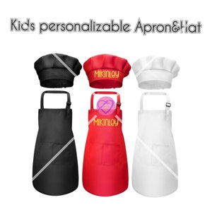 Kids Chef Hat Apron Set|Adjustable Apron|Personalized Apron Set|Embroidered Apron For Kid|Two Pockets On Apron|Elastic Hat|Kids Cooking Set