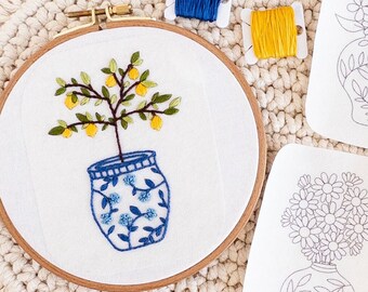 Ginger Jar Embroidery Patterns | Large Stick and Stitch | Flower Bouquet Embroidery Design