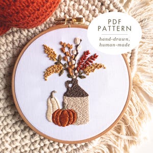 Autumn Floral Embroidery Pattern | Fall Pumpkin Embroidery Design