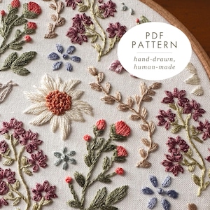 Borduurpatroon wilde bloemen | Bloemen lente-borduurontwerpen | Zomerhandborduurwerk