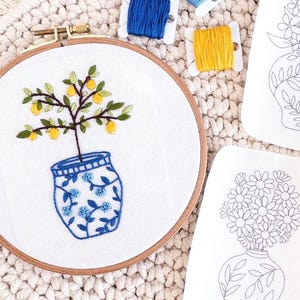Ginger Jar Embroidery Stick and Stitch | Chinoiserie Embroidery Patterns | Washaway Embroidery Transfers