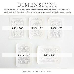 ChatGPT said:

Image showing five stick and stitch embroidery patterns of tinned fish designs, each labeled with dimensions. From left to right, top row: Anchovies (2.5" x 4.0"), Trout (2.6" x 4.0"), Mackerel (2.5" x 4.0"). Bottom row: Sardines (2.6" x 4.0"), Old Harbor Fish Co. (3.9" x 2.9"). Text notes that measurements refer to the pattern size and stickers are slightly larger.