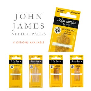 May include: John James needle packs in yellow packaging. The image shows four different packs of needles, including embroidery, milliners, and chenille needles. The text on the packaging includes the brand name, needle type, and size.
