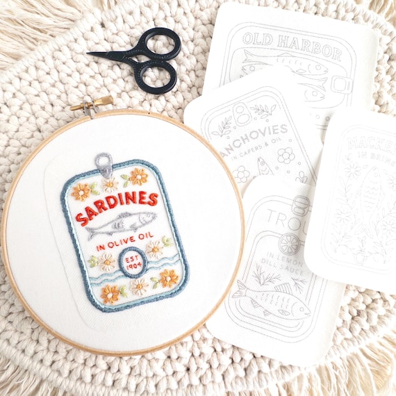 Tinned Fish Embroidery Stick and Stitch Patterns | Sardine Embroidery Designs | Trendy Embroidery Gifts