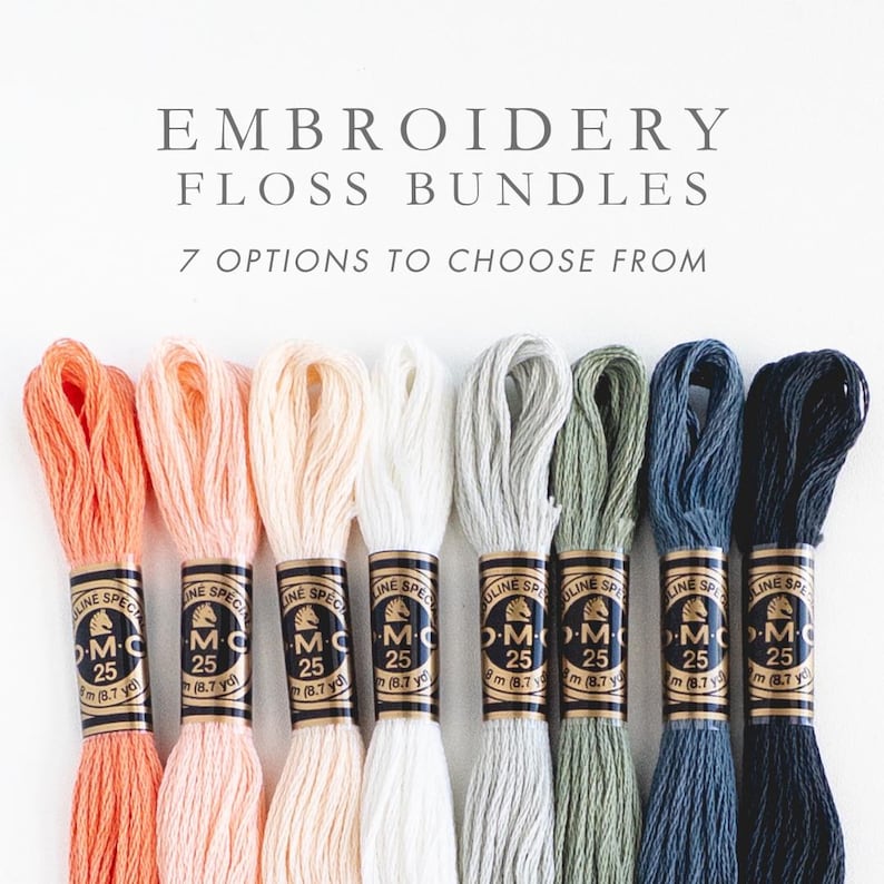 Image displaying a row of eight embroidery floss skeins in a range of peach to green to dark blue tones. Text above the floss reads "Embroidery Floss Bundles" with a subheading "7 Options to Choose From"