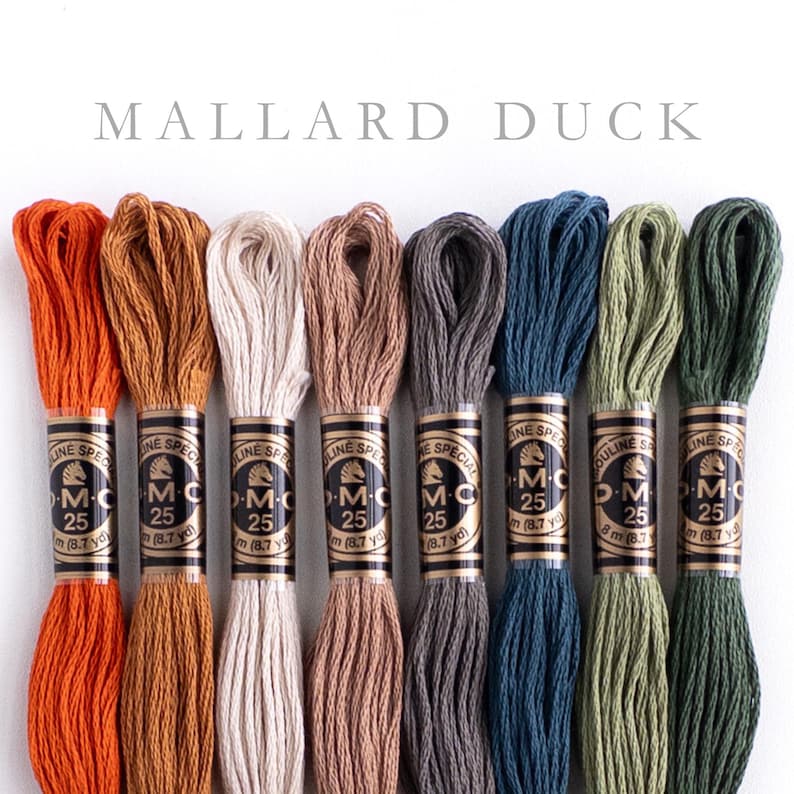 Text at the top of the image reads "MALLARD DUCK". Eight skeins of embroidery floss are shown below the text. The colors of the floss range from orange to dark gray to green.