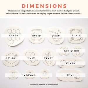 White embroidery stick and stitch patterns with honeybee-themed black drawings . The stickers are arranged in a grid pattern. The dimensions of each sticker are listed below the image. The text below the grid reads 'Dimensions are listed as width x height'.