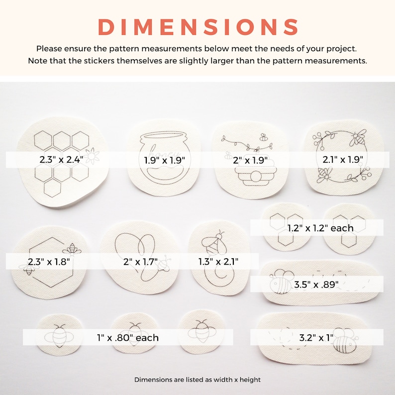 White embroidery stick and stitch patterns with honeybee-themed black drawings . The stickers are arranged in a grid pattern. The dimensions of each sticker are listed below the image. The text below the grid reads 'Dimensions are listed as width x height'.