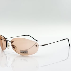 Action Vintage Rimless Wrap Sunglasses, Light Purple Lens Shades, Minimal Y2K 2000s Eyewear, Lightweight Metal Frame