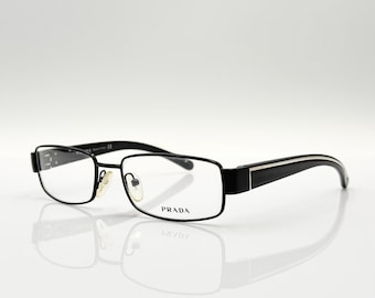 Anteojos PRADA vintage de forma rectangular y delgada, montura de anteojos única en color negro y plateado, stock antiguo nuevo