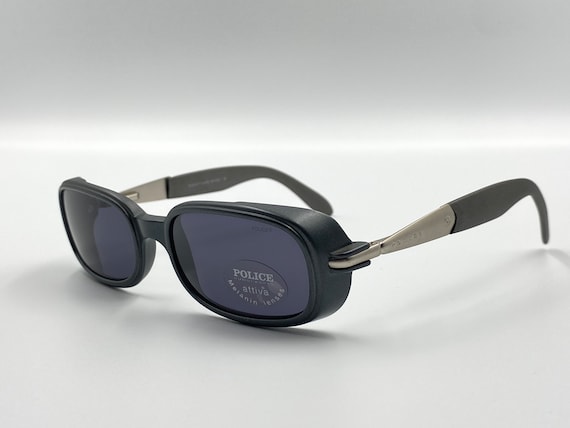 Rare Police Italian Vintage Tortoise Shell Sunglasses Model 1267 Police 1267 U93, Vintage 90s Blue Unique Side Shields Small  main image 4