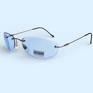 Action Vintage Rimless Wrap Sunglasses, Light Blue Lens Shades, Minimal Y2K 2000s Eyewear, Lightweight Metal Frame