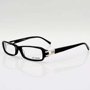 Pode incluir: Óculos retangulares pretos com detalhes prateados nas hastes. As armações têm um acabamento brilhante e as lentes são transparentes. A marca "GF Ferre" é visível na armação.
