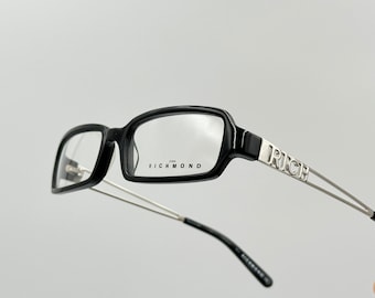 John Richmond vintage unique rectangle eyeglasses, unique black and silver glasses frame made in Italy NOS