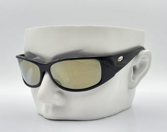 Polaroid P709 vintage 2000s wrap sports sunglasses unique black frame, gold mirrored lenses, made in Italy