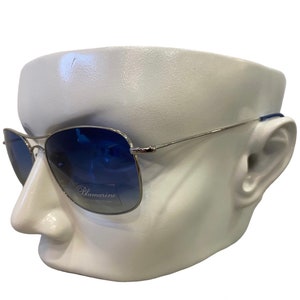 BLUMARINE BM95101 vintage slim aviator sunglasses,tinted blue lenses, designer silver women metal sunglasses made in Italy NOS