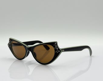 Cosmetan vintage cat-eye-zonnebril, zwart montuur van acetaat met strassteentjes, pin-upstijl jaren 50 dames