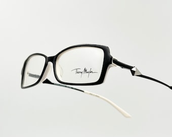 Thierry Mugler TM9117 Vintage-Rechteckbrille, schwarz-weißer, einzigartiger Brillenrahmen, hergestellt in Frankreich, NOS