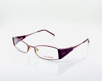 Gafas rectangulares vintage Escada, montura morada estilo Y2K para mujer, fabricadas en Italia, nuevas sin usar.