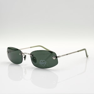 Vintage Y2K Onyx Rimless Small Rectangle Sunglasses – Dark Green Lenses – Heart Rivet Detail - NOS Made in Italy