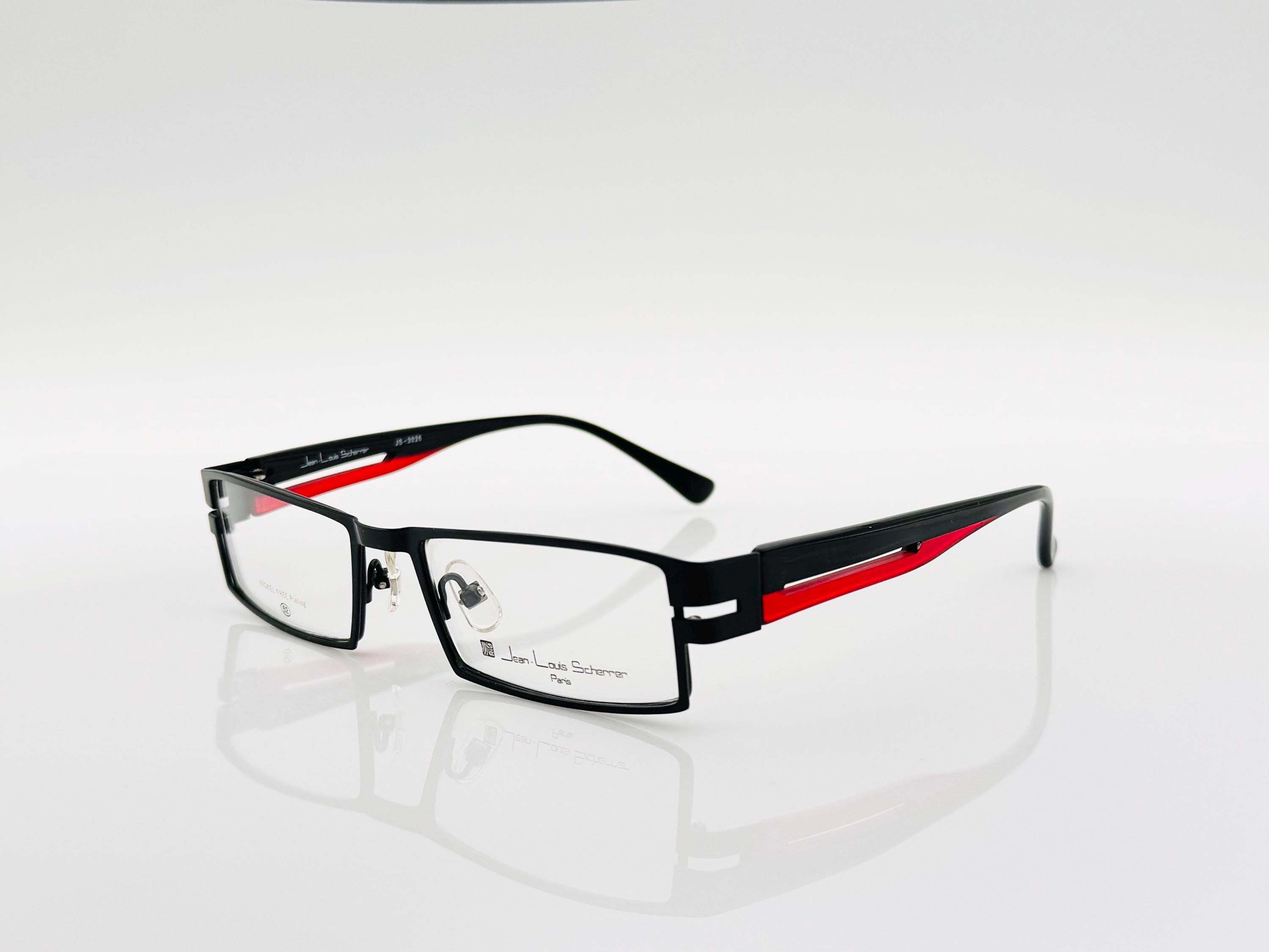 Jean Louis Scherrer JS-3026 ヴィンテージ長方形眼鏡、黒赤メタル