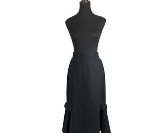Elegant Vintage Black High-Waisted Wool Midi Skirt with Side Button Detail - Classic Clothing