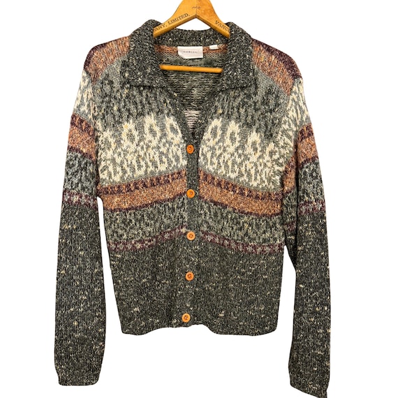 Vintage 90s Woodland Cardigan Earth Tone Boho Cabincore Knit Sweater, Forest Green, Cottagecore