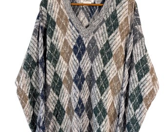 Vintage Arnold Palmer Sweater Mens Medium Made in Canada Neutral Muted Argyle Knit Pullover V Neck Retro Preppy Menswear Cotton Blend