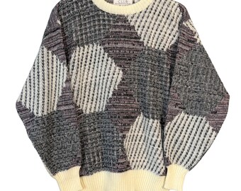 Vintage Grandpa Sweater, 90s Geometric Knit, Retro Purple Pink Pullover, Cozy Crewneck Sweater
