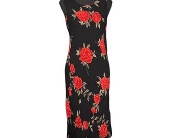 Vintage 90s Floral Maxi Dress Black Red Rose Print Rayon Sleeveless Dress Romantic Cottagecore Grunge Wedding Guest Size 12