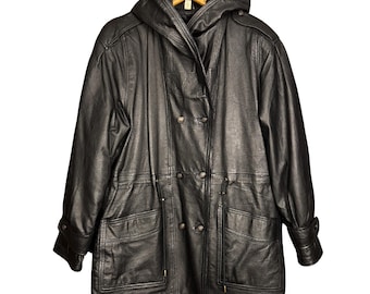 Vintage 90s Black Leather Coat, Quilted Lining, Genuine Leather, Oversized Parka Moto Style Normcore