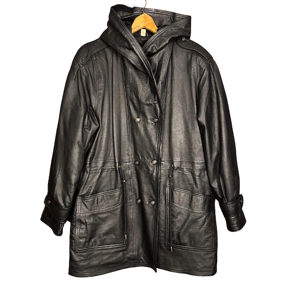 Vintage 90s Black Leather Coat, Quilted Lining, Genuine Leather, Oversized Parka Moto Style Normcore