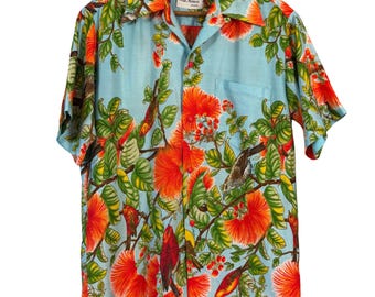 Vintage Hawaiian Shirt Elsie Krauss Waikiki Blue Floral Bird Aloha Shirt Mens Medium Tropical Resort Wear Retro Island Button Up Hawaiian