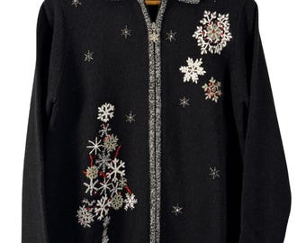 Vintage Christmas Cardigan Sweater Petite Small Black Snowflake Zip Up Holiday Winter Cottagecore Embroidered Beaded Cozy