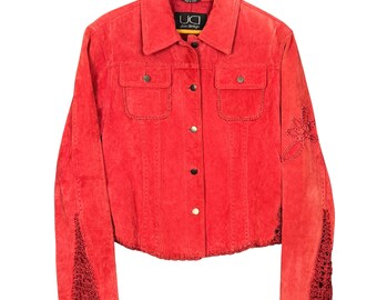 Vintage Y2K Faux Suede Leather Jacket, Western Boho Coastal Cowgirl, Crochet Trim – Size Large, Spring Jacket