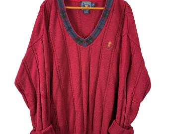 Chaps Ralph Lauren Sweater, Burgundy Cotton Knit, Preppy V Neck Pullover, Made in USA, Size Large