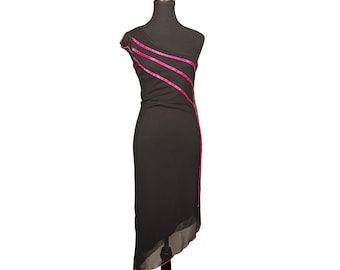 Vintage Y2K Black Asymmetrical Midi Dress Pink Ribbon Trim Fairycore One Shoulder Dress 90s Party Dress Size Small, McBling Aesthetic