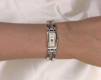 Vintage 90s Sterling Silver Tank Watch, Dainty Slim Bracelet Watch, Womens Vintage Jewelry, Old Money Aesthetic, Gift 925 Silver