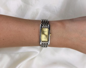 90s Manhattan Tank Watch: Two-Tone Gold & Silver Bracelet Timepiece