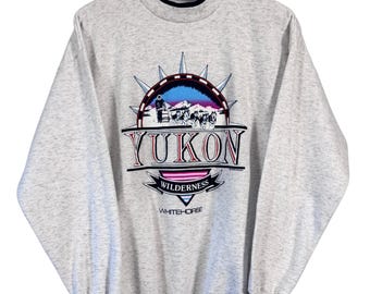 Vintage 90s Yukon Crewneck Sweater, Indie Aesthetic Clothing, Retro Canada Pullover, Whitehorse Wilderness Graphic, Unisex Medium Top
