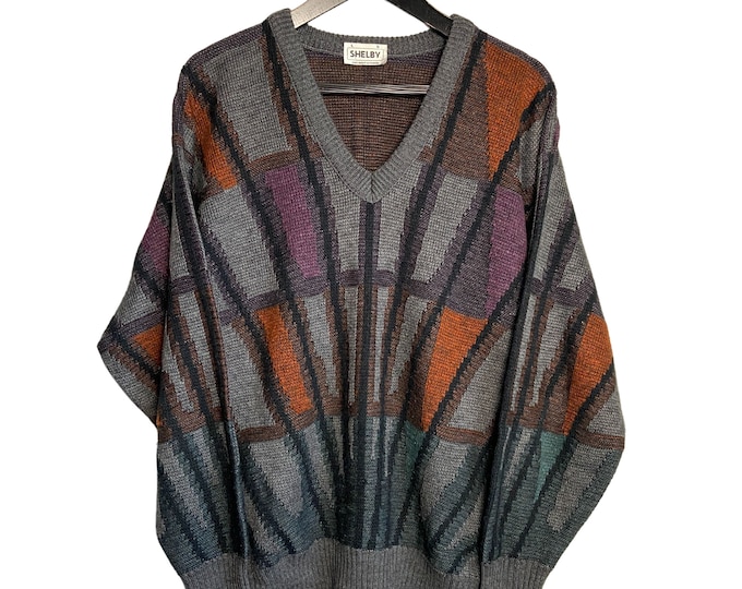Retro 90s Shelby Grandpa Sweater - Multicolor Geometric Wool Pullover - Men's Large - Made in Canada - V-Neck