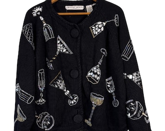 Vintage 90s Beaded Cardigan, Cocktail Martini Themed Sweater, New Years Eve Party Knit