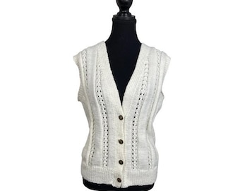 Vintage Cable Knit Sweater Vest, White Sleeveless Knit Top, Women's Retro V-Neck Waistcoat, 90s Preppy Fashion