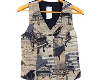 Gilet vintage con arazzo di pianoforte, piccolo gilet accademico musicale, gilet con stampa Mozart, gilet artistico anni '90, capo a strati dark academia cottagecore