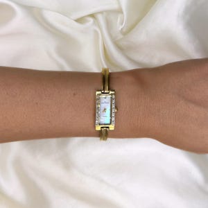 Vintage Anne Klein Diamond Accent Gold Watch – Dainty Slim Bracelet Watch with Pearl Face, Old Money Aesthetic Jewelry