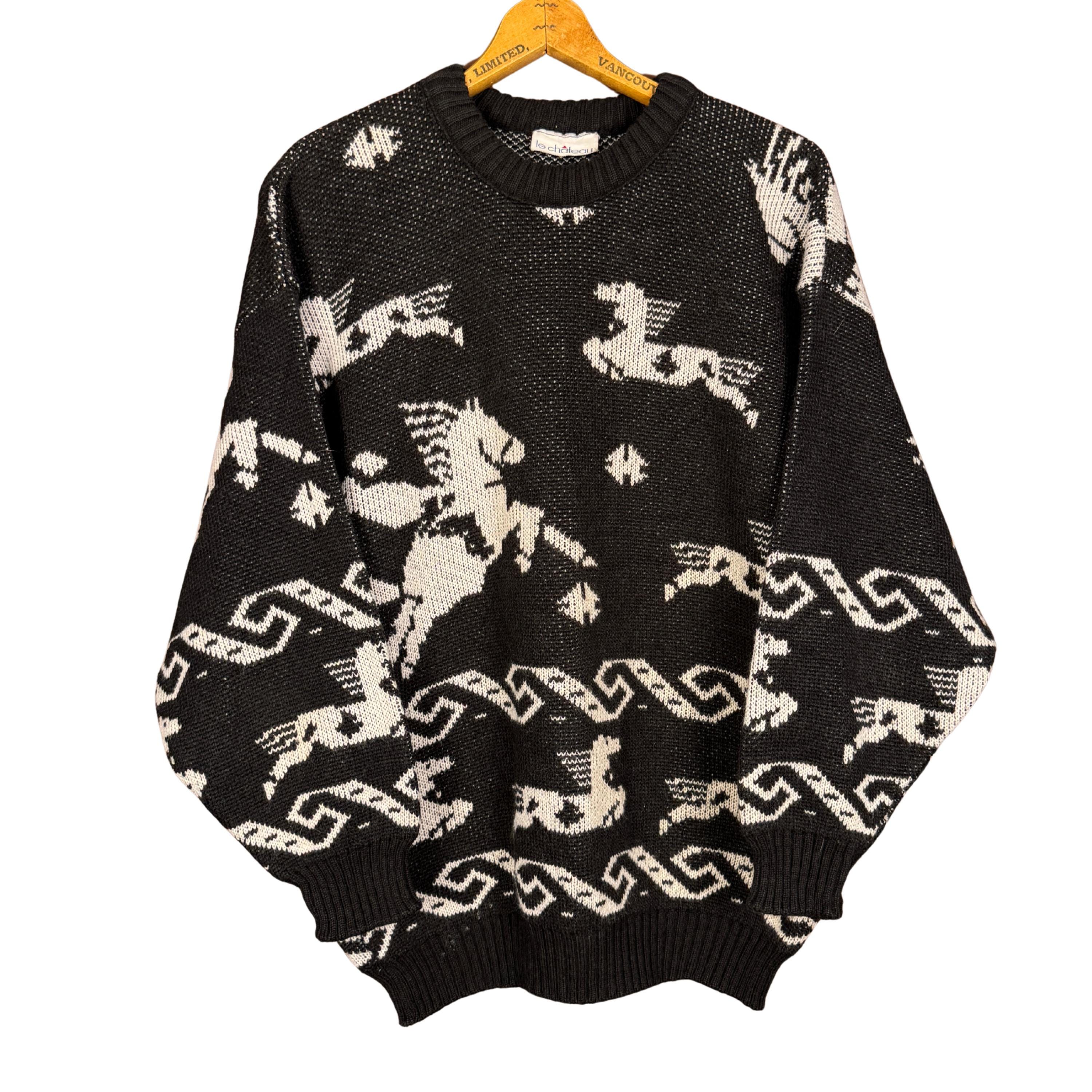 Vintage 90s Pegasus Knit Sweater Black and White Retro Horse 