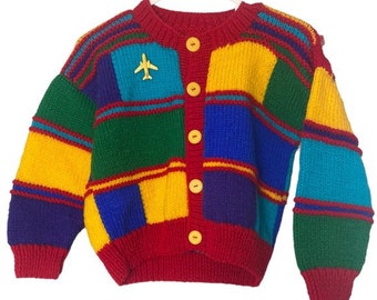 Vintage Childrens Unisex Colourful Patchwork Hand-knit Cardigan Sweater
